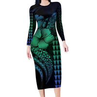Hawaiian Sea Turtle Family Matching Long Sleeve Bodycon Dress and Hawaiian Shirt Blue Hibiscus Flowers and Kakau Pattern