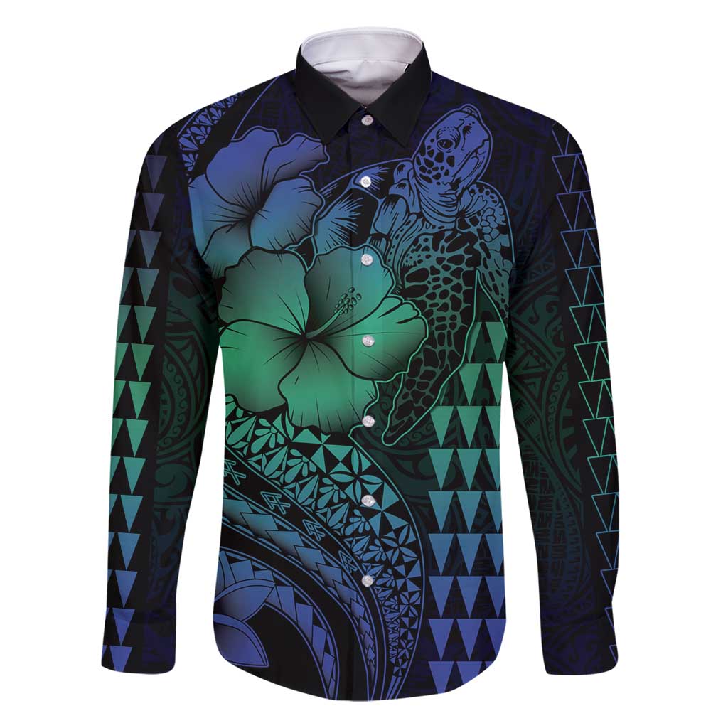 Hawaiian Sea Turtle Family Matching Mermaid Dress and Hawaiian Shirt Blue Hibiscus Flowers and Kakau Pattern