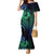 Hawaiian Sea Turtle Family Matching Mermaid Dress and Hawaiian Shirt Blue Hibiscus Flowers and Kakau Pattern