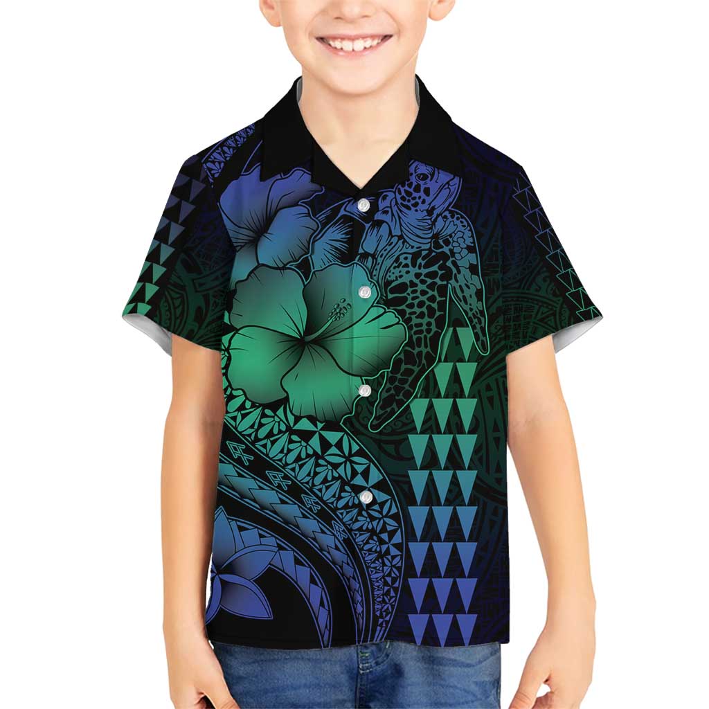 Hawaiian Sea Turtle Family Matching Off Shoulder Maxi Dress and Hawaiian Shirt Blue Hibiscus Flowers and Kakau Pattern