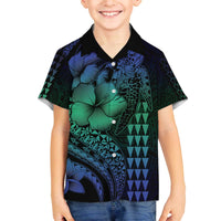 Hawaiian Sea Turtle Family Matching Off Shoulder Short Dress and Hawaiian Shirt Blue Hibiscus Flowers and Kakau Pattern