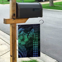 Hawaiian Sea Turtle Garden Flag Blue Hibiscus Flowers and Kakau Pattern