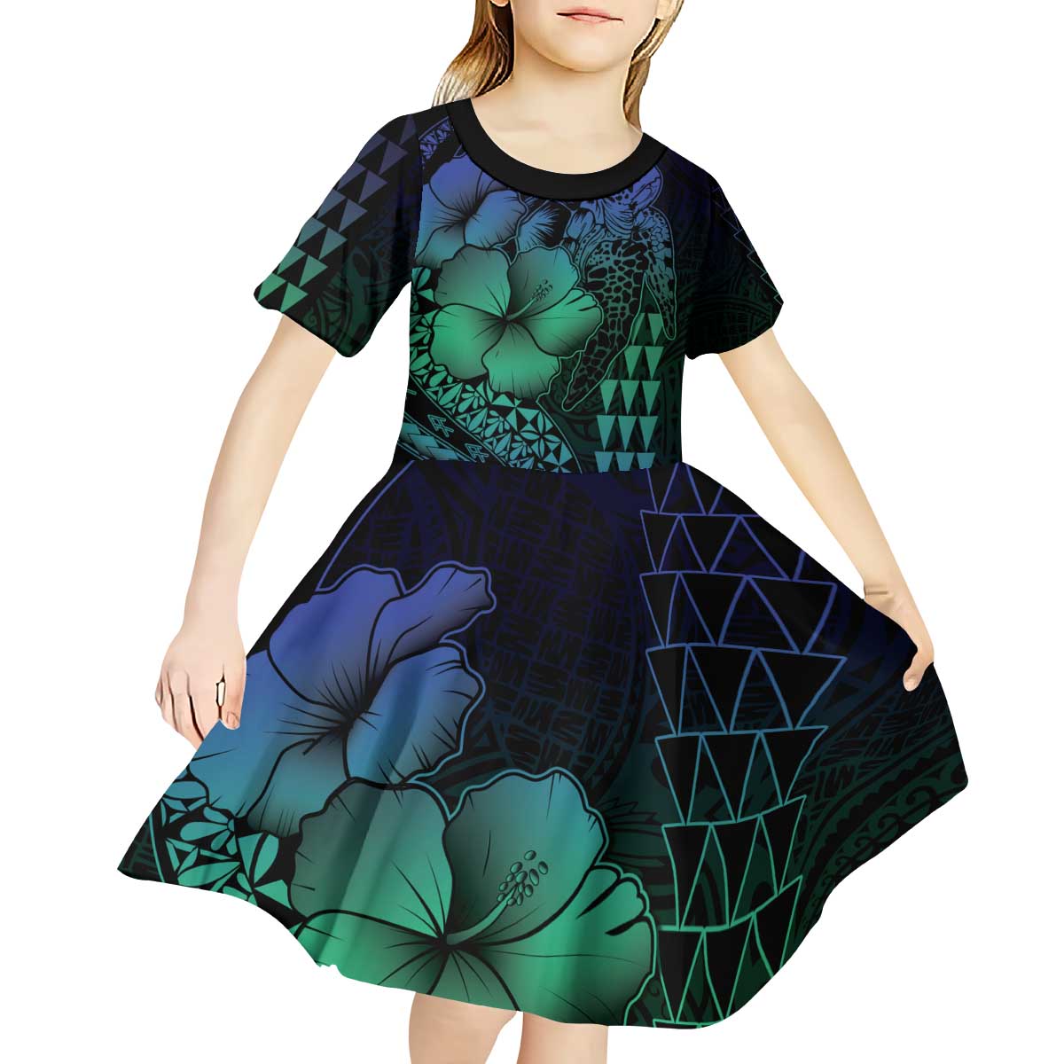 Hawaiian Sea Turtle Kid Short Sleeve Dress Blue Hibiscus Flowers and Kakau Pattern