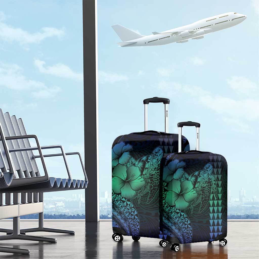 Hawaiian Sea Turtle Luggage Cover Blue Hibiscus Flowers and Kakau Pattern