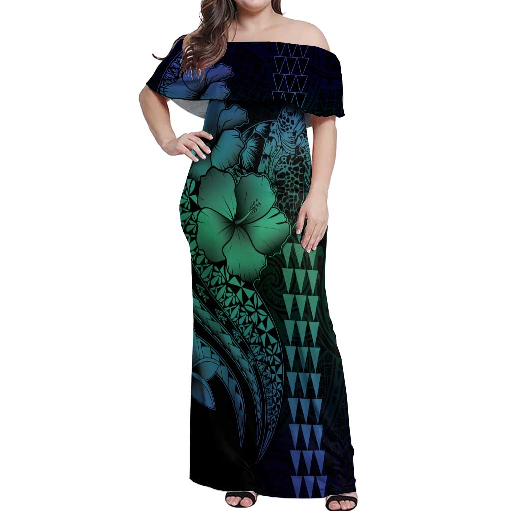Hawaiian Sea Turtle Off Shoulder Maxi Dress Blue Hibiscus Flowers and Kakau Pattern