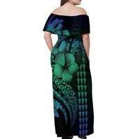 Hawaiian Sea Turtle Off Shoulder Maxi Dress Blue Hibiscus Flowers and Kakau Pattern