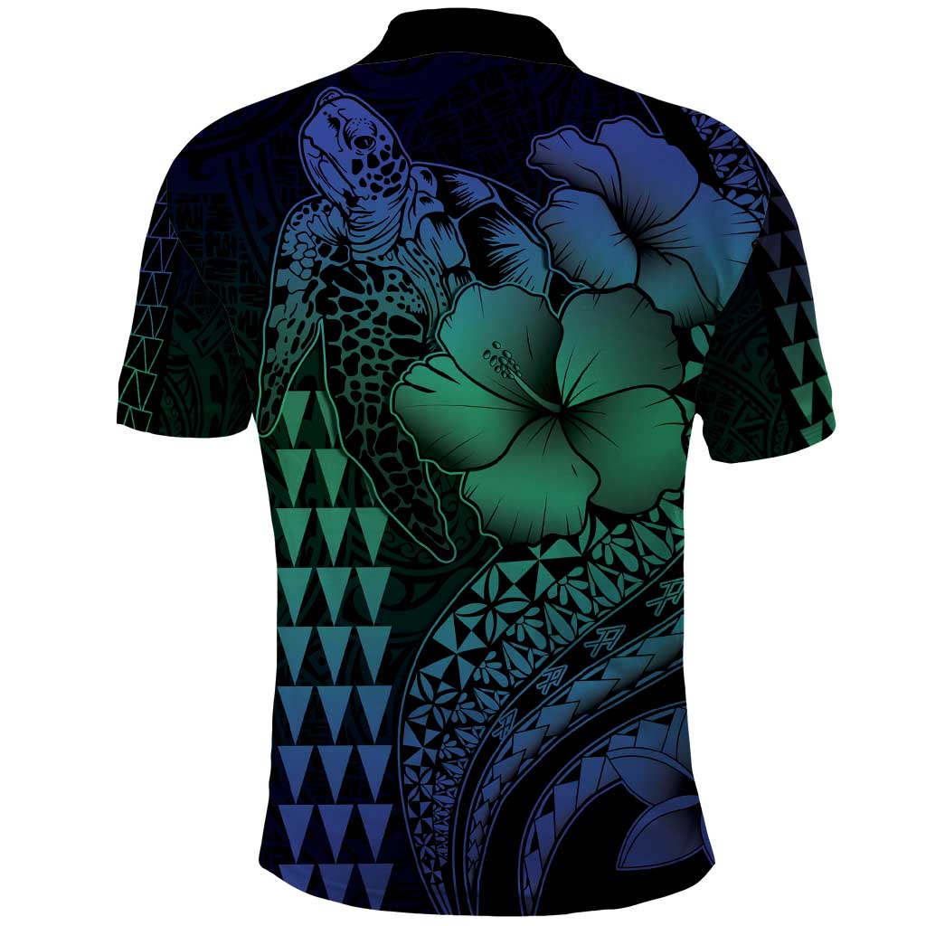 Hawaiian Sea Turtle Polo Shirt Blue Hibiscus Flowers and Kakau Pattern