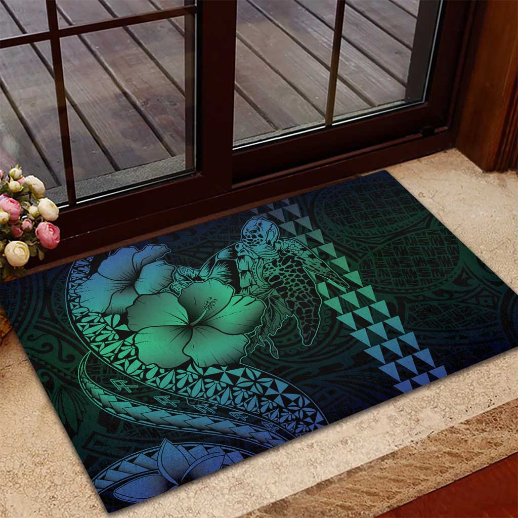 Hawaiian Sea Turtle Rubber Doormat Blue Hibiscus Flowers and Kakau Pattern