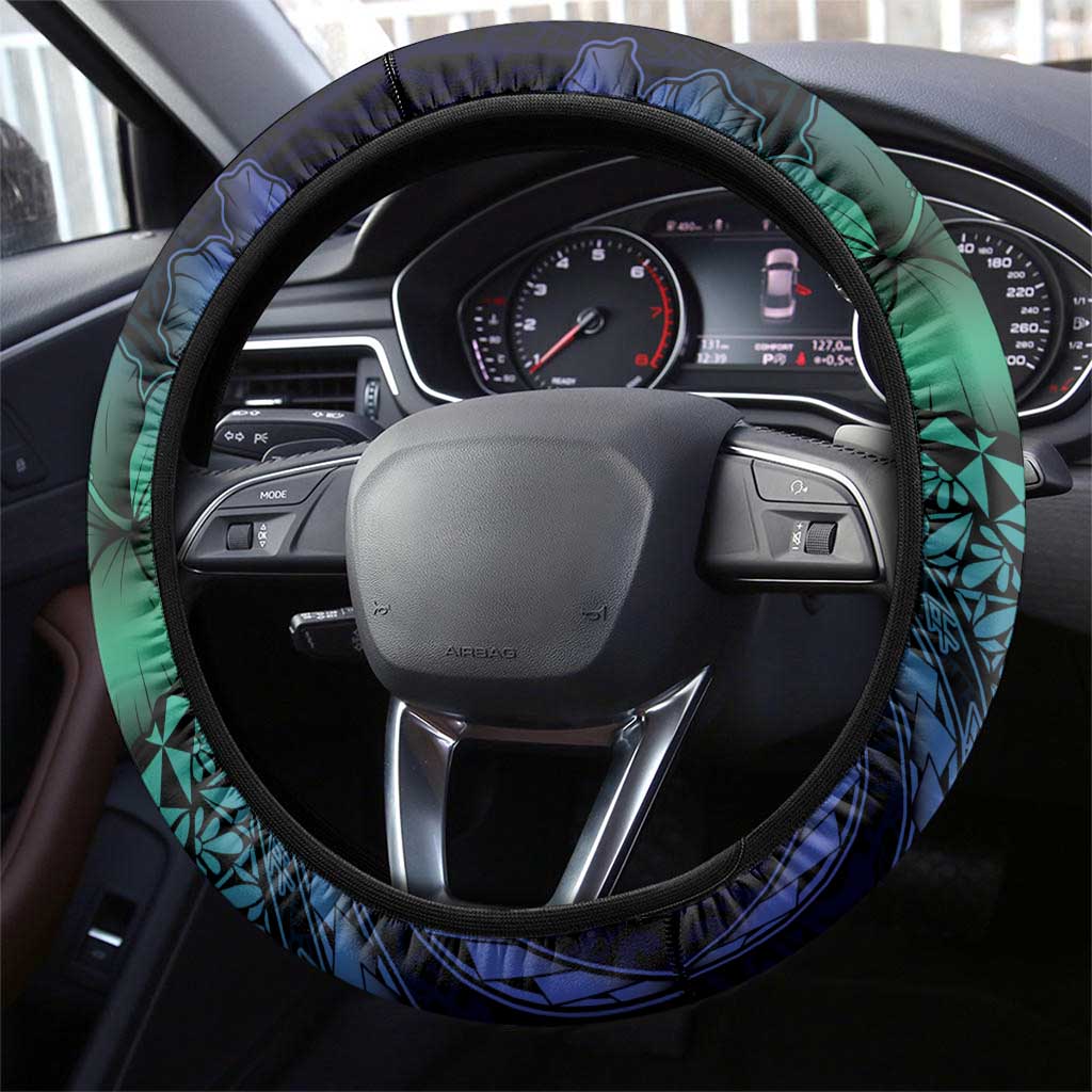 Hawaiian Sea Turtle Steering Wheel Cover Blue Hibiscus Flowers and Kakau Pattern