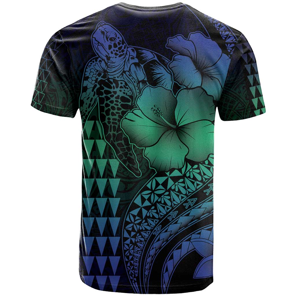 Hawaiian Sea Turtle T Shirt Blue Hibiscus Flowers and Kakau Pattern