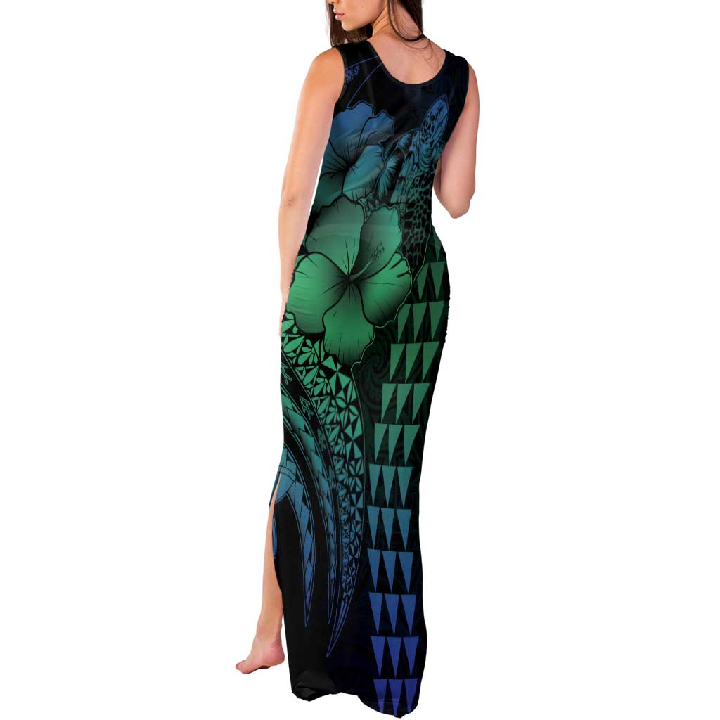 Hawaiian Sea Turtle Tank Maxi Dress Blue Hibiscus Flowers and Kakau Pattern