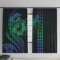 Hawaiian Sea Turtle Window Curtain Blue Hibiscus Flowers and Kakau Pattern