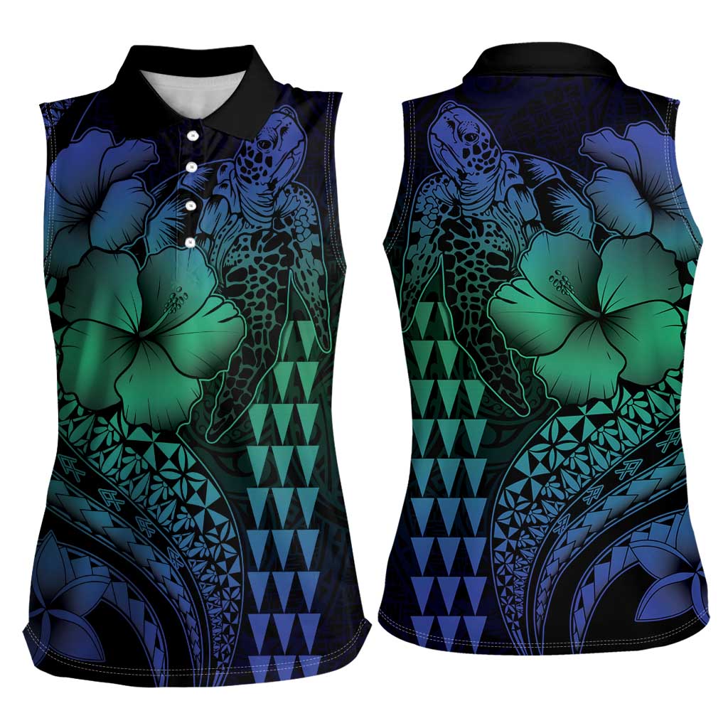 Hawaiian Sea Turtle Women Sleeveless Polo Shirt Blue Hibiscus Flowers and Kakau Pattern