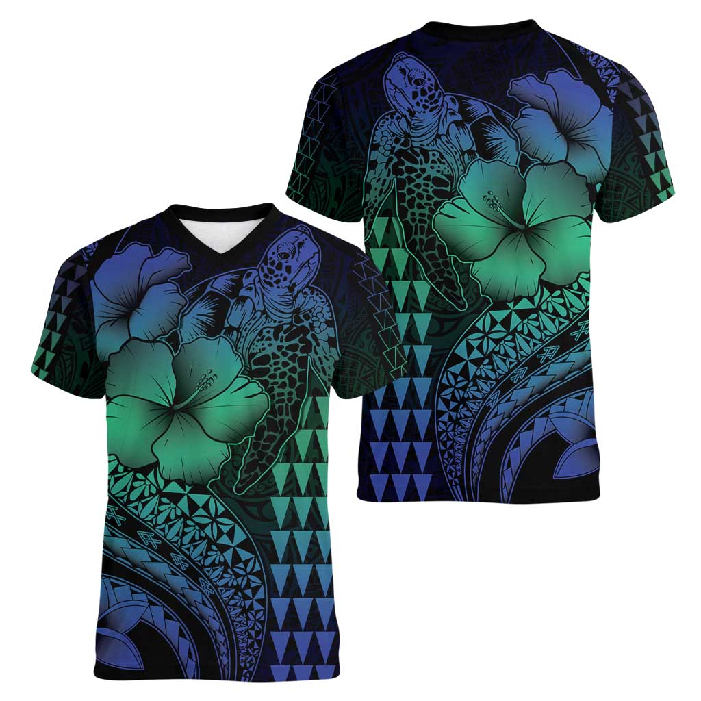 Hawaiian Sea Turtle Women V-Neck T-Shirt Blue Hibiscus Flowers and Kakau Pattern
