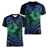 Hawaiian Sea Turtle Women V-Neck T-Shirt Blue Hibiscus Flowers and Kakau Pattern