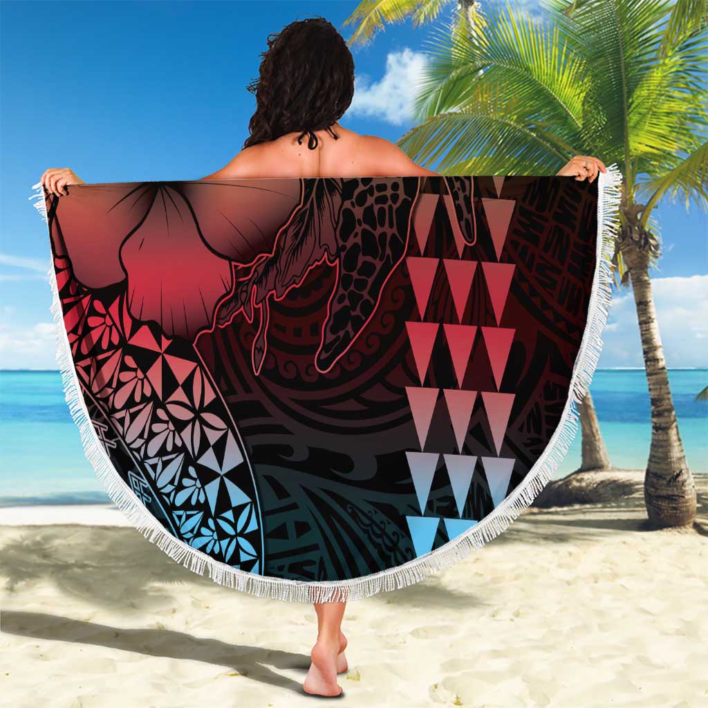 Hawaiian Sea Turtle Beach Blanket Green Hibiscus Flowers and Kakau Pattern