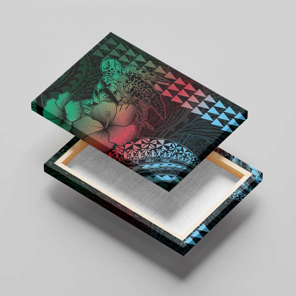 Hawaiian Sea Turtle Canvas Wall Art Green Hibiscus Flowers and Kakau Pattern