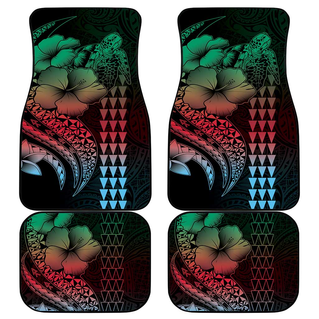 Hawaiian Sea Turtle Car Mats Green Hibiscus Flowers and Kakau Pattern