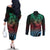 Hawaiian Sea Turtle Couples Matching Off The Shoulder Long Sleeve Dress and Long Sleeve Button Shirt Green Hibiscus Flowers and Kakau Pattern