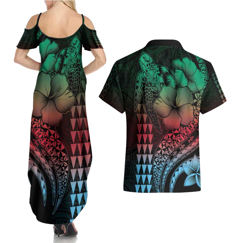 Hawaiian Sea Turtle Couples Matching Summer Maxi Dress and Hawaiian Shirt Green Hibiscus Flowers and Kakau Pattern