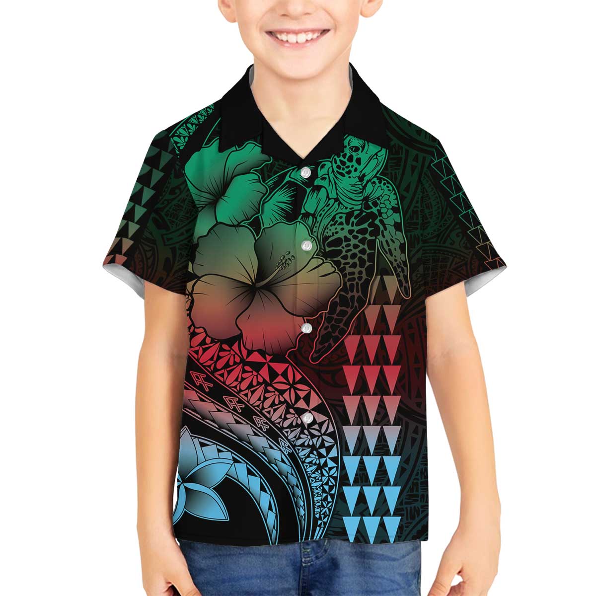 Hawaiian Sea Turtle Family Matching Off The Shoulder Long Sleeve Dress and Hawaiian Shirt Green Hibiscus Flowers and Kakau Pattern