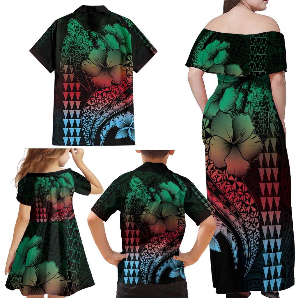 Hawaiian Sea Turtle Family Matching Off Shoulder Maxi Dress and Hawaiian Shirt Green Hibiscus Flowers and Kakau Pattern