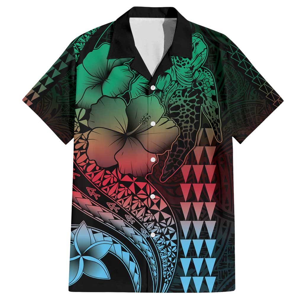 Hawaiian Sea Turtle Family Matching Off Shoulder Maxi Dress and Hawaiian Shirt Green Hibiscus Flowers and Kakau Pattern