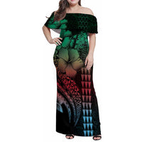 Hawaiian Sea Turtle Family Matching Off Shoulder Maxi Dress and Hawaiian Shirt Green Hibiscus Flowers and Kakau Pattern