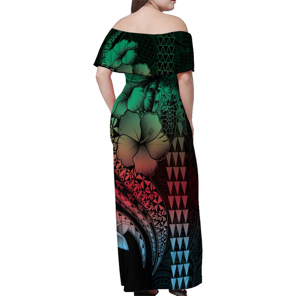 Hawaiian Sea Turtle Family Matching Off Shoulder Maxi Dress and Hawaiian Shirt Green Hibiscus Flowers and Kakau Pattern