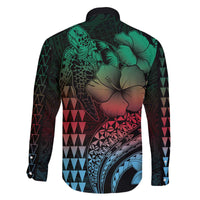 Hawaiian Sea Turtle Family Matching Off Shoulder Short Dress and Hawaiian Shirt Green Hibiscus Flowers and Kakau Pattern