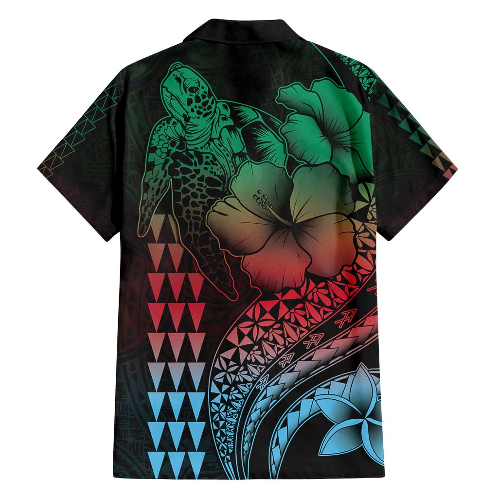 Hawaiian Sea Turtle Family Matching Tank Maxi Dress and Hawaiian Shirt Green Hibiscus Flowers and Kakau Pattern