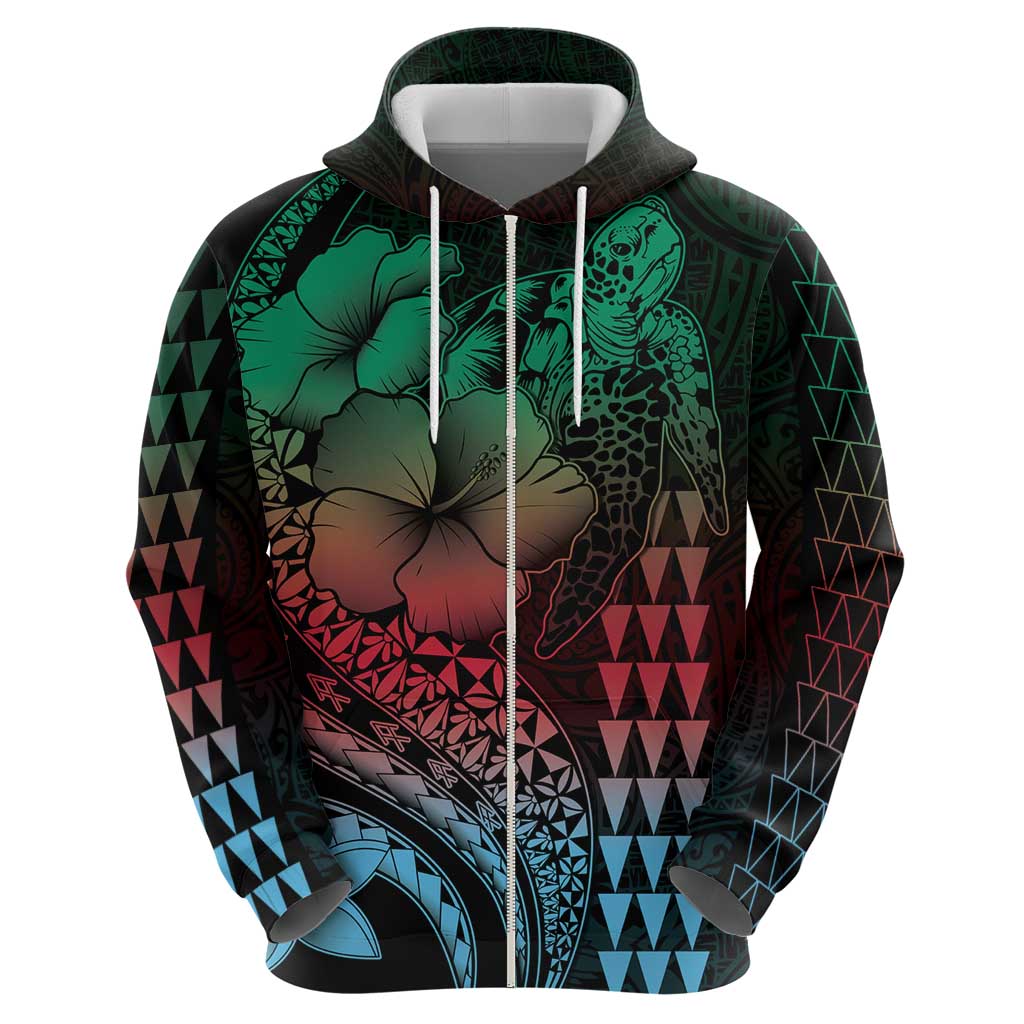 Hawaiian Sea Turtle Hoodie Green Hibiscus Flowers and Kakau Pattern
