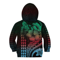 Hawaiian Sea Turtle Kid Hoodie Green Hibiscus Flowers and Kakau Pattern