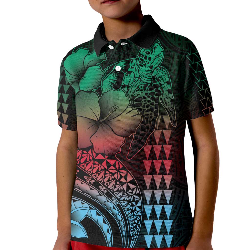 Hawaiian Sea Turtle Kid Polo Shirt Green Hibiscus Flowers and Kakau Pattern