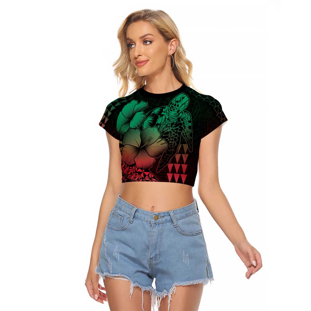 Hawaiian Sea Turtle Raglan Cropped T Shirt Green Hibiscus Flowers and Kakau Pattern