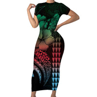 Hawaiian Sea Turtle Short Sleeve Bodycon Dress Green Hibiscus Flowers and Kakau Pattern