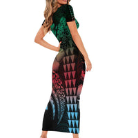 Hawaiian Sea Turtle Short Sleeve Bodycon Dress Green Hibiscus Flowers and Kakau Pattern