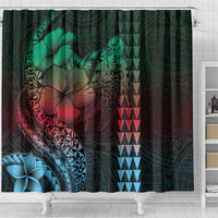 Hawaiian Sea Turtle Shower Curtain Green Hibiscus Flowers and Kakau Pattern