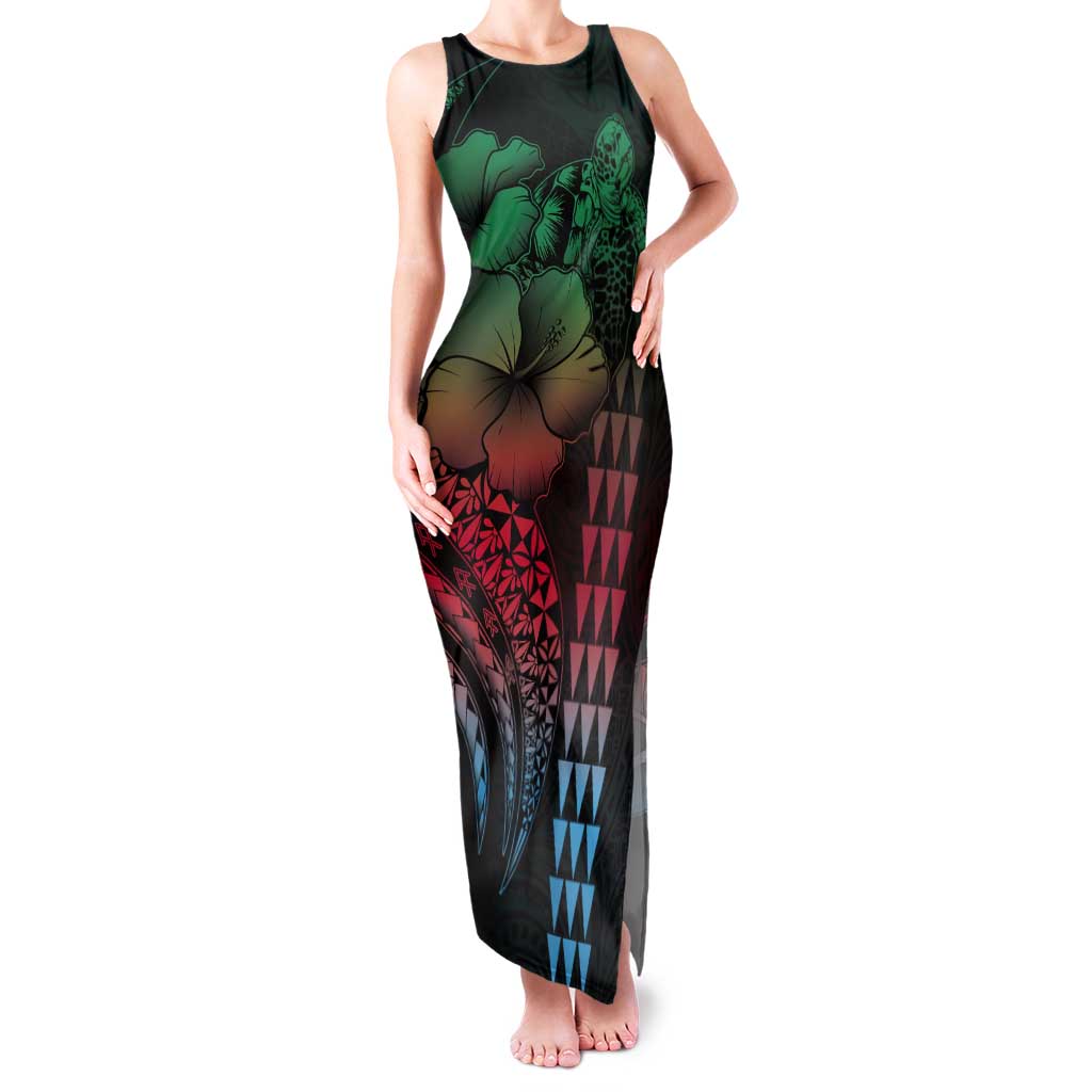 Hawaiian Sea Turtle Tank Maxi Dress Green Hibiscus Flowers and Kakau Pattern