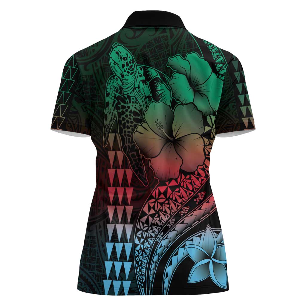 Hawaiian Sea Turtle Women Polo Shirt Green Hibiscus Flowers and Kakau Pattern