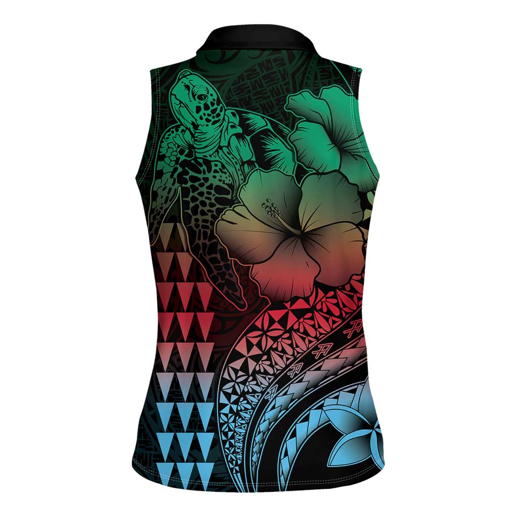Hawaiian Sea Turtle Women Sleeveless Polo Shirt Green Hibiscus Flowers and Kakau Pattern