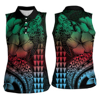 Hawaiian Sea Turtle Women Sleeveless Polo Shirt Green Hibiscus Flowers and Kakau Pattern