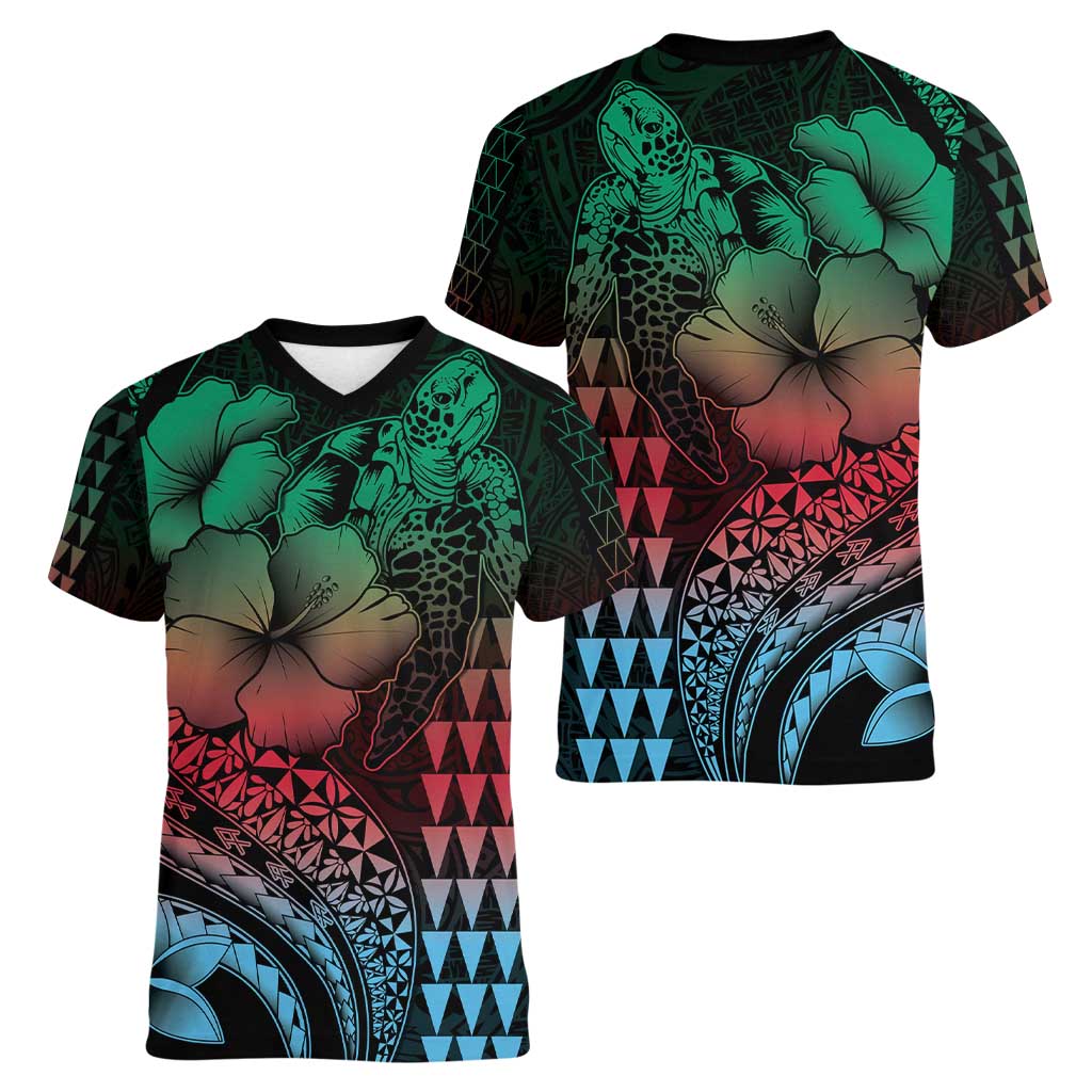 Hawaiian Sea Turtle Women V-Neck T-Shirt Green Hibiscus Flowers and Kakau Pattern
