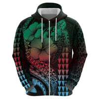 Hawaiian Sea Turtle Zip Hoodie Green Hibiscus Flowers and Kakau Pattern
