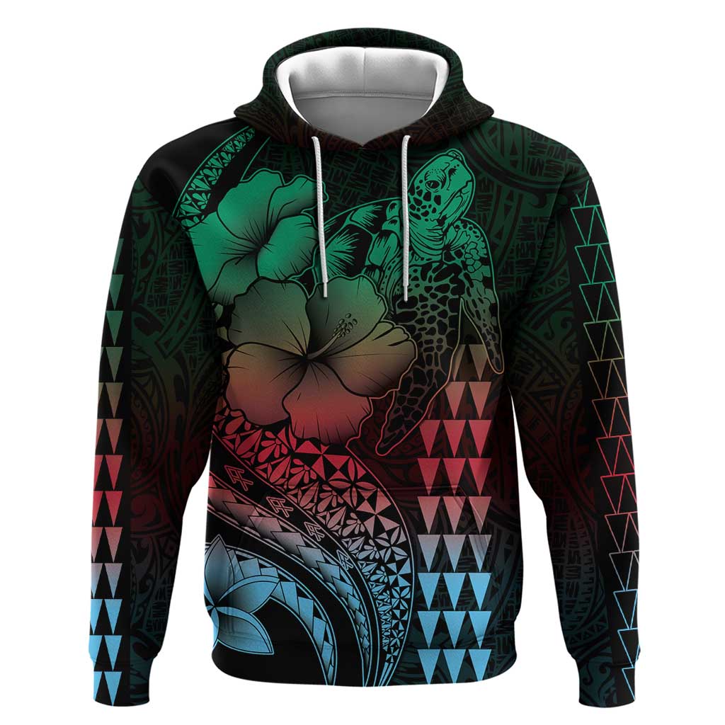 Hawaiian Sea Turtle Zip Hoodie Green Hibiscus Flowers and Kakau Pattern