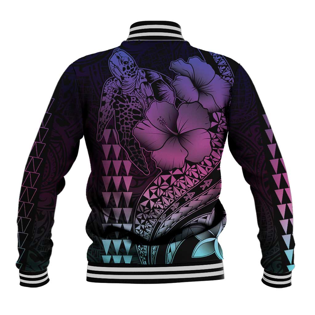 Hawaiian Sea Turtle Baseball Jacket Pink Hibiscus Flowers and Kakau Pattern