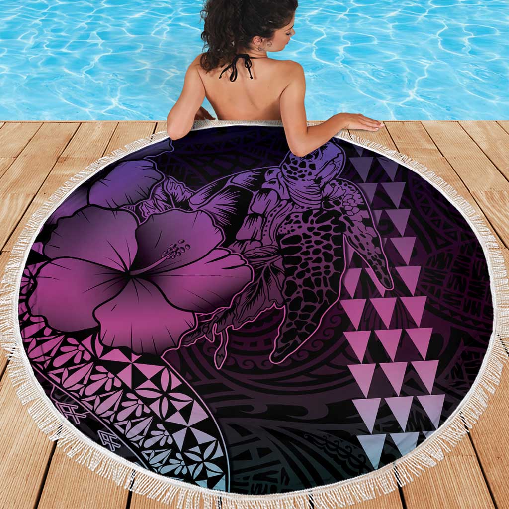 Hawaiian Sea Turtle Beach Blanket Pink Hibiscus Flowers and Kakau Pattern