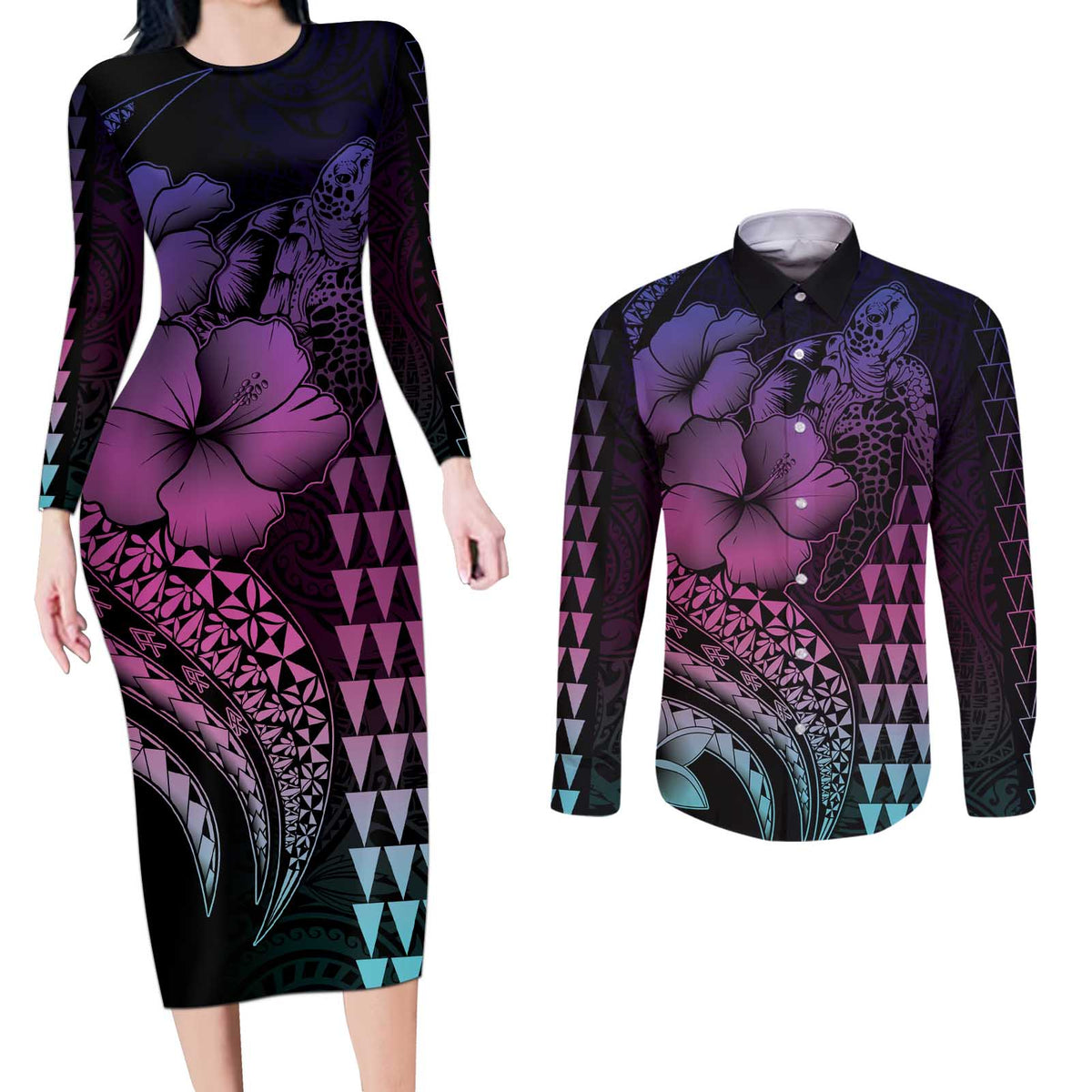 Hawaiian Sea Turtle Couples Matching Long Sleeve Bodycon Dress and Long Sleeve Button Shirt Pink Hibiscus Flowers and Kakau Pattern