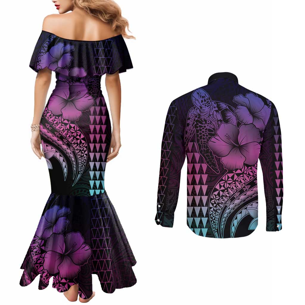 Hawaiian Sea Turtle Couples Matching Mermaid Dress and Long Sleeve Button Shirt Pink Hibiscus Flowers and Kakau Pattern