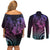 Hawaiian Sea Turtle Couples Matching Off Shoulder Short Dress and Long Sleeve Button Shirt Pink Hibiscus Flowers and Kakau Pattern